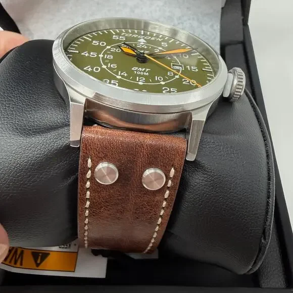 TORGOEN TN-1209U T47 Jumbo Green Sapphire GMT 47mm Brown Leather Strap New - Picture 7 of 11